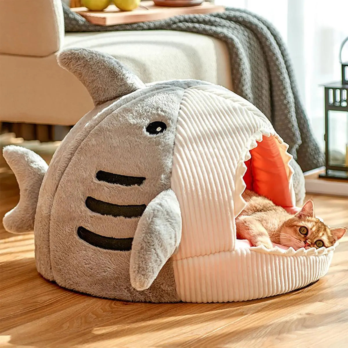 Shark Pet Bed for Cats & Small Dogs | Cosy Enclosed Cave Bed with Soft Plush Interior — Cute Room Décor in 3 Sizes